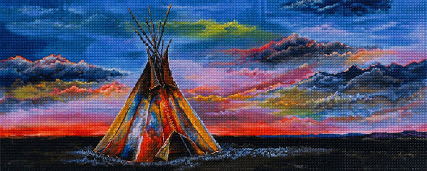 Diamond Painting eines Tipis in einer dunklen Ebene unter einem farbenfrohen Sonnenuntergang im Panoramaformat. Mockup.