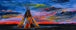 Diamond Painting eines Tipis in einer dunklen Ebene unter einem farbenfrohen Sonnenuntergang im Panoramaformat. Mockup.