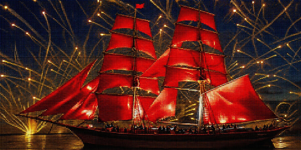 Diamond Painting eines großen Segelschiffs mit roten Segeln vor einem goldenen Feuerwerk auf dunkler See. Mockup.