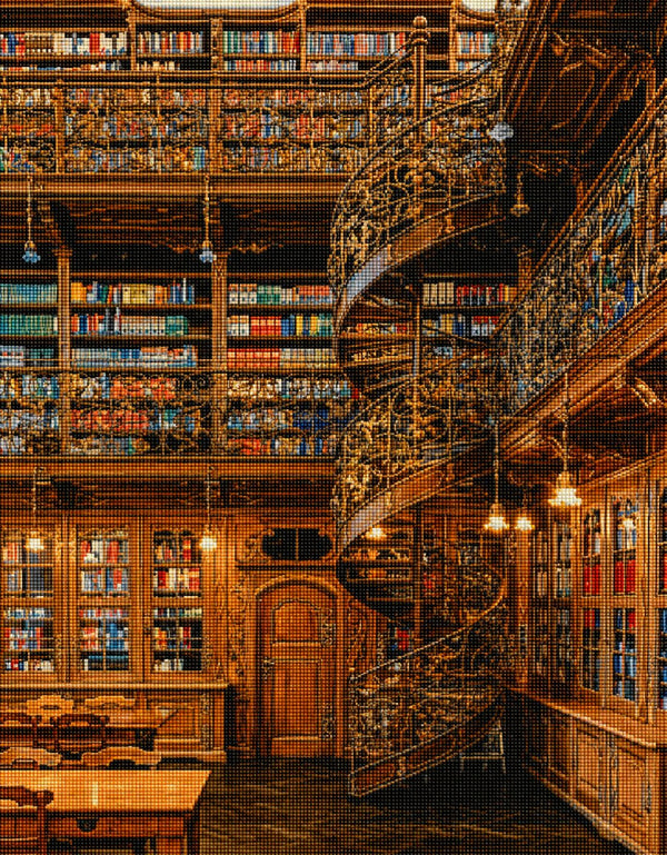 Diamond Painting einer antiken Bibliothek mit Wendeltreppe, vielen Bücherregalen und Holztischen. Mockup.