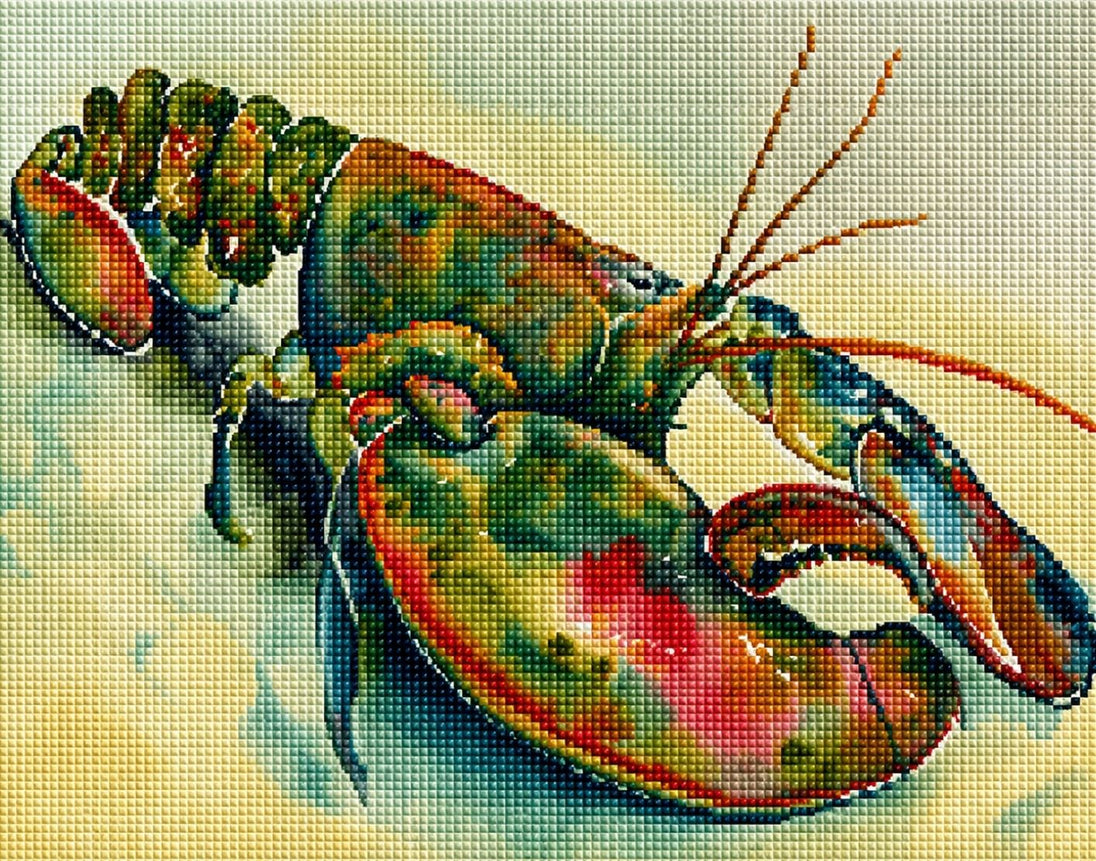 Diamond Painting eines Hummers im Aquarell-Stil mit fließenden Übergängen in Rot, Grün und Blau. Mockup.