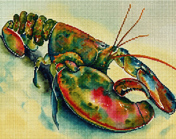 Diamond Painting eines Hummers im Aquarell-Stil mit fließenden Übergängen in Rot, Grün und Blau. Mockup.