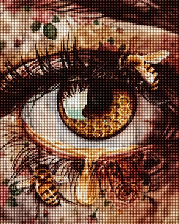 Diamond Painting eines Auges mit Honigwaben in der Iris, zwei Bienen und einer flüssigen Honigträne. Mockup.