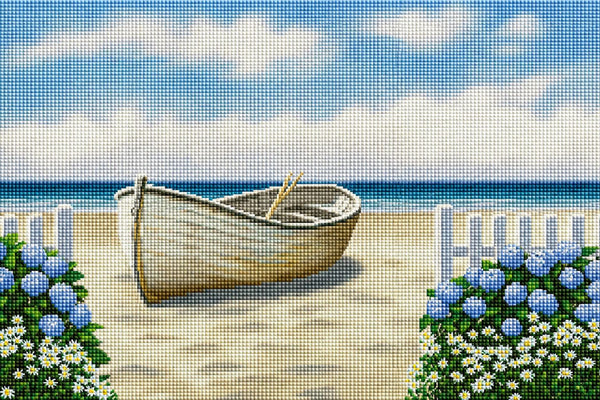 Diamond Painting eines weißen Holzbootes im Sand, umgeben von blauen Hortensien und weißen Margeriten am Meer. Mockup.