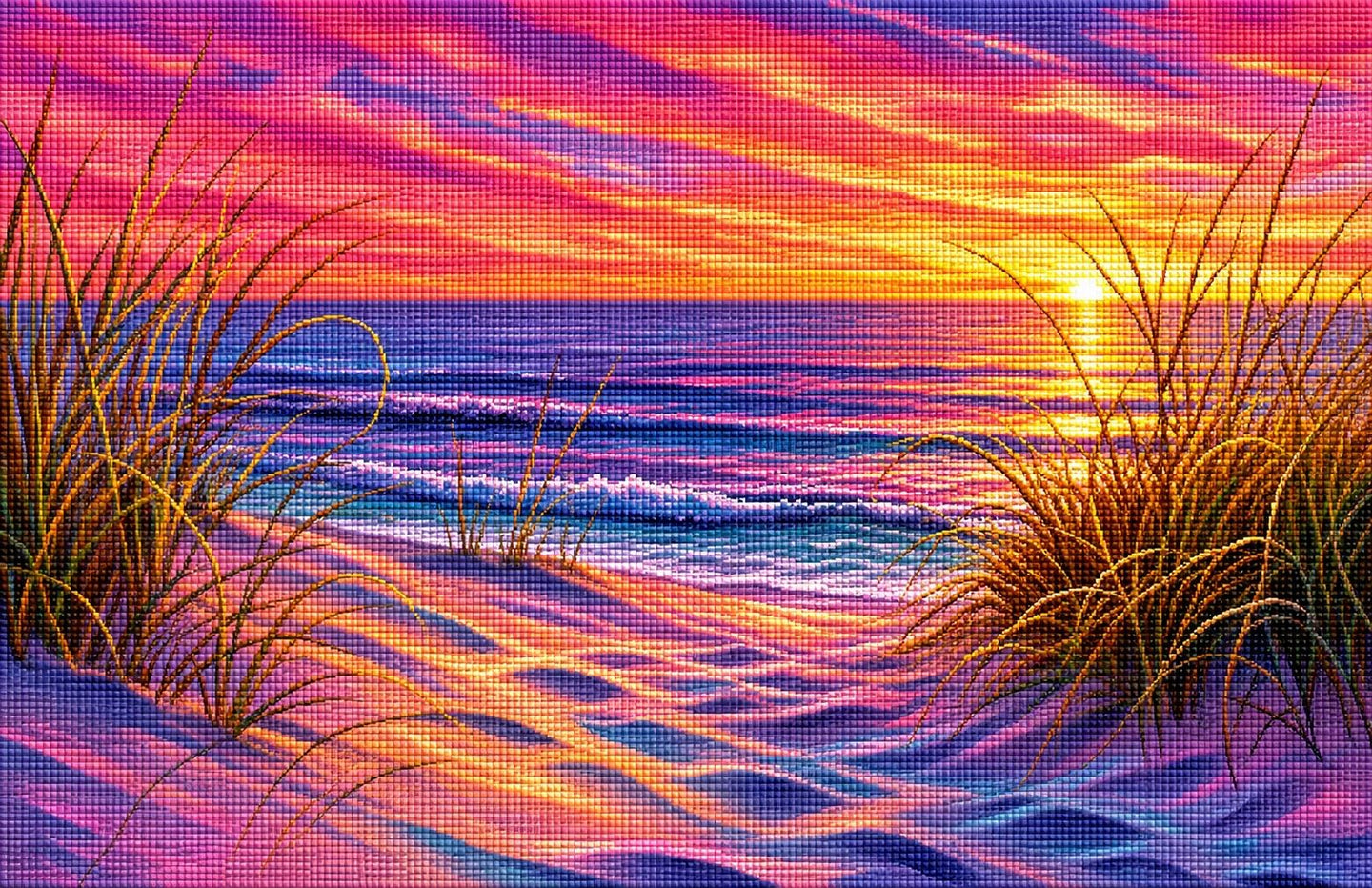 Diamond Painting eines rosa-orangefarbenen Sonnenuntergangs über Sanddünen mit Dünengras und dem Meer.