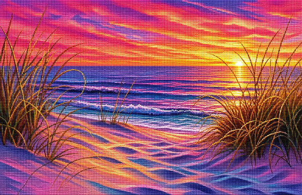Diamond Painting eines rosa-orangefarbenen Sonnenuntergangs über Sanddünen mit Dünengras und dem Meer.