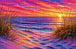 Diamond Painting eines rosa-orangefarbenen Sonnenuntergangs über Sanddünen mit Dünengras und dem Meer.