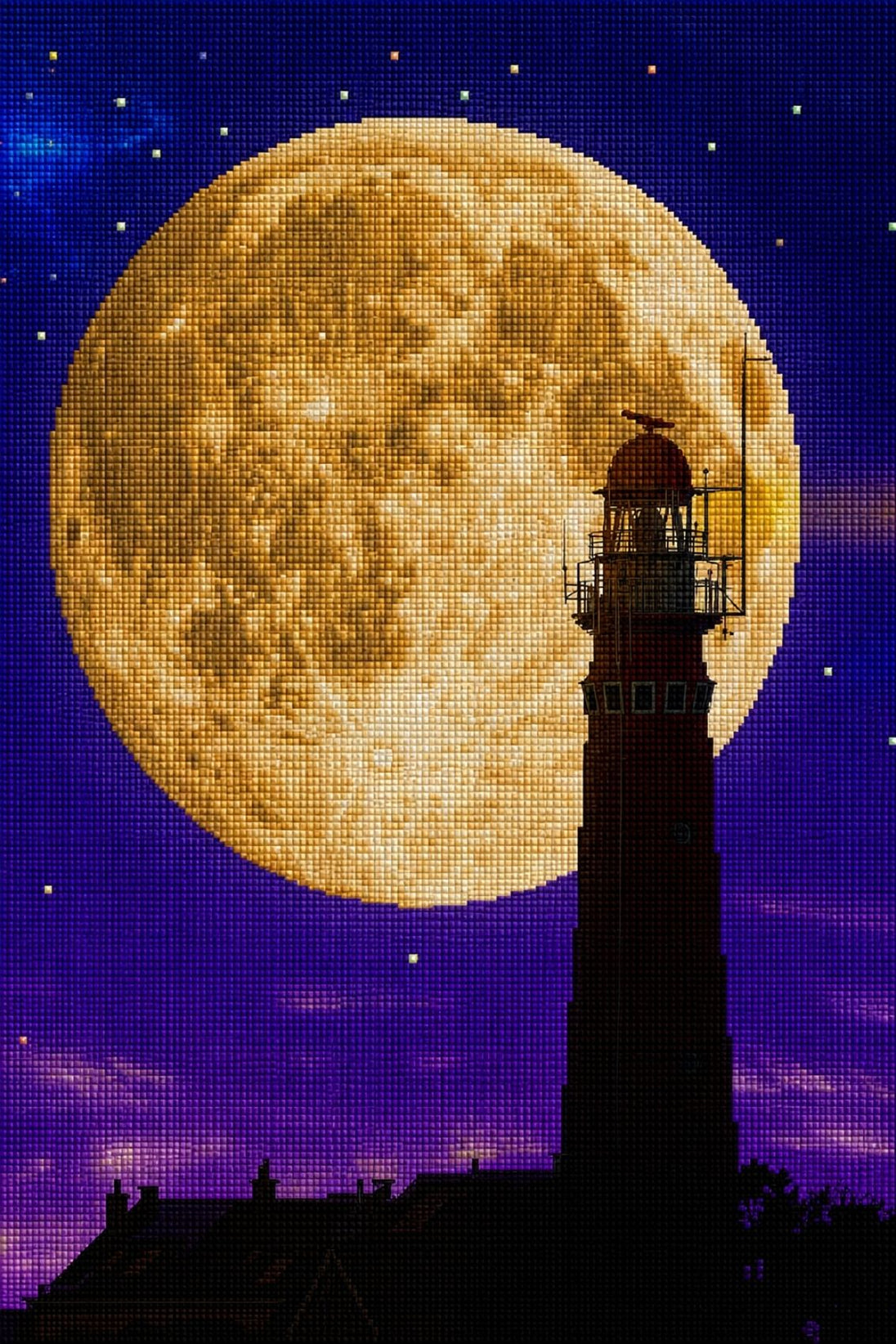 Diamond Painting der Silhouette eines Leuchtturms vor einem riesigen gelben Vollmond am violetten Sternenhimmel. Mockup.