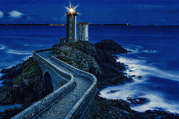 Diamond Painting eines Leuchtturms auf einem Felsen bei Nacht mit einer beleuchteten Brücke und dunklem Meer. Mockup.