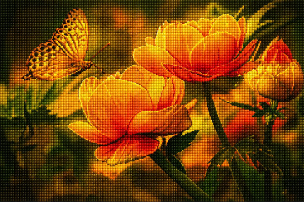 Diamond Painting eines goldenen Schmetterlings, der zu zwei leuchtend gelben Blumen in einem Wald fliegt. Mockup.