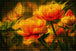 Diamond Painting eines goldenen Schmetterlings, der zu zwei leuchtend gelben Blumen in einem Wald fliegt. Mockup.