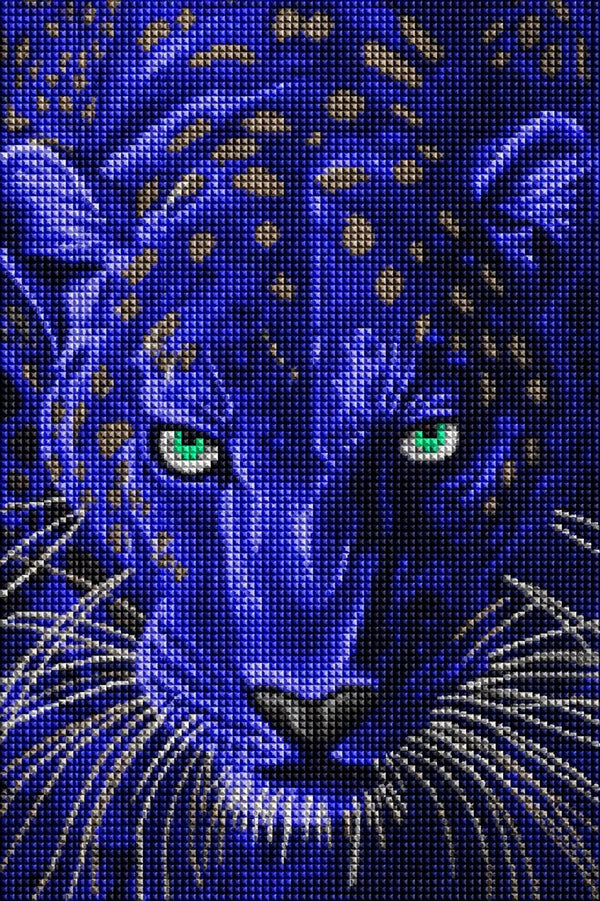 Diamond Painting eines blauen Panthers mit intensiv leuchtenden grünen Augen und dunklem Fellmuster. Mockup.