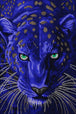 Diamond Painting eines blauen Panthers mit intensiv leuchtenden grünen Augen und dunklem Fellmuster. Mockup.