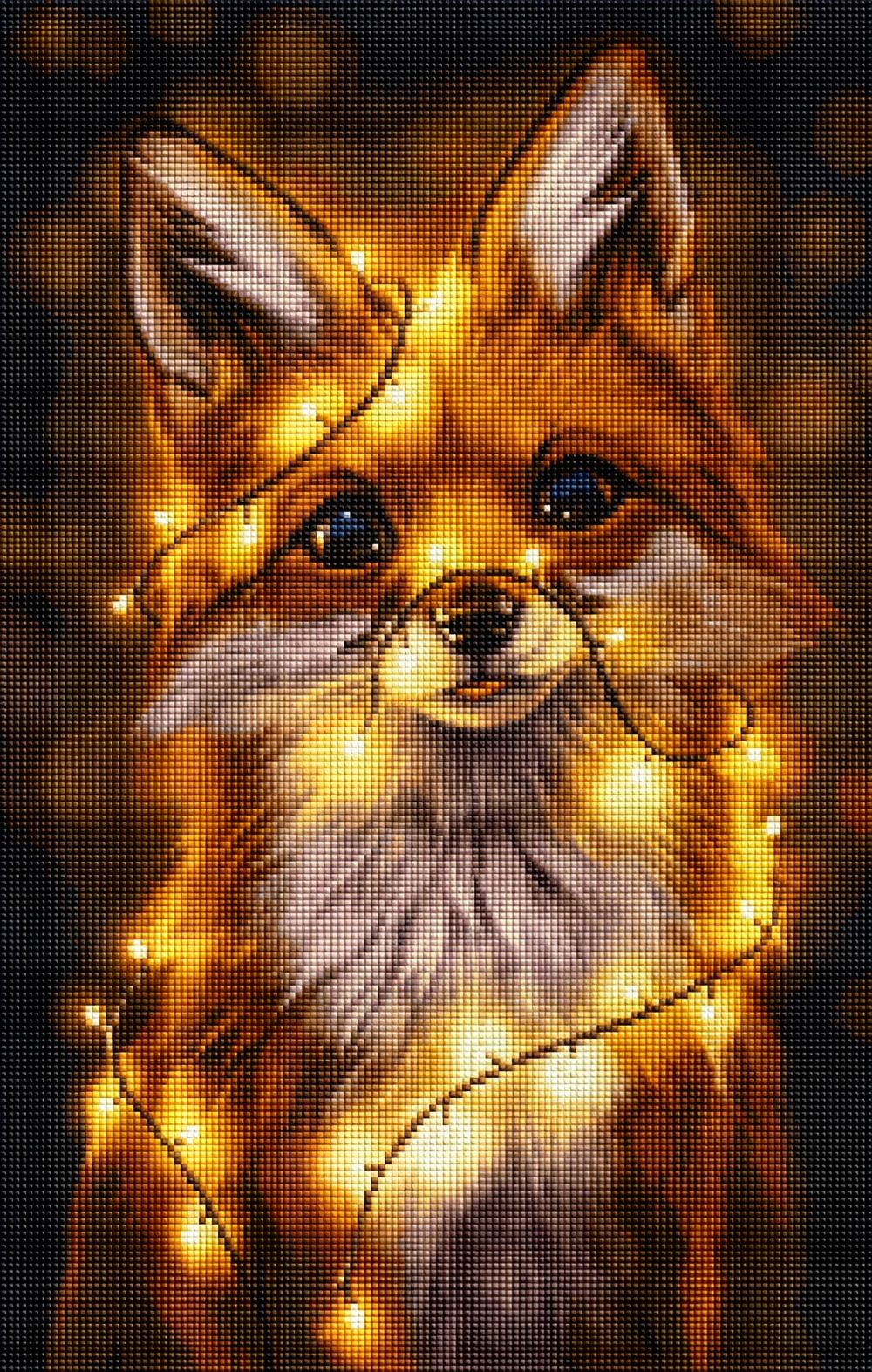 Diamond Painting eines niedlichen Fuchses, der in eine leuchtende gelbe Lichterkette eingewickelt ist. Mockup.
