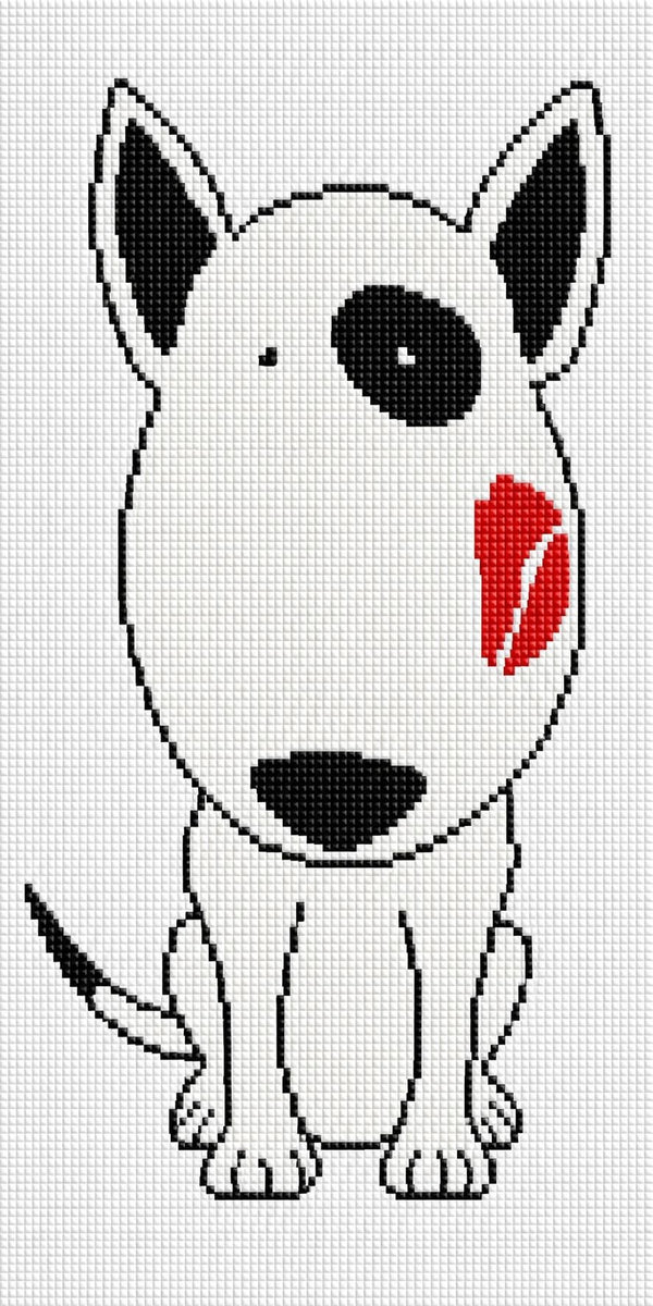 Diamond Painting eines weißen Bullterriers im Comic-Stil mit einem roten Kussmund auf der Wange. Mockup.