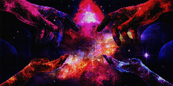 Diamond Painting von vier kosmischen Händen, die in ein helles, rot-violettes Energiefeld im Weltraum greifen. Mockup.