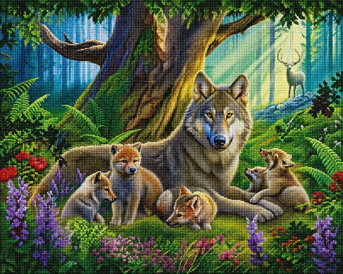 Diamond Painting einer Wolfsfamilie im Wald mit bunten Blumen und Sonnenstrahlen im Hintergrund. Mockup.