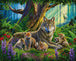 Diamond Painting einer Wolfsfamilie im Wald mit bunten Blumen und Sonnenstrahlen im Hintergrund. Mockup.