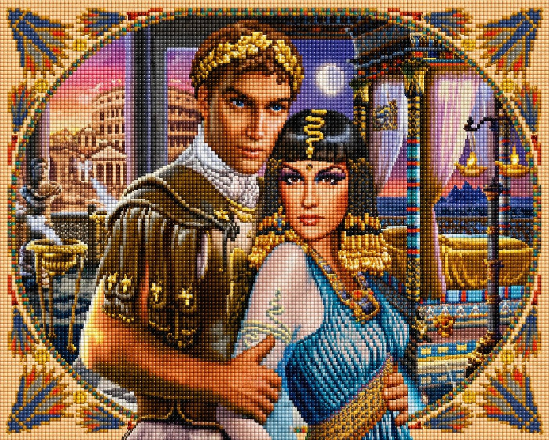 Diamond Painting eines antiken Paares in prächtigen Gewändern vor einer römischen und ägyptischen Kulisse.  Mockup.