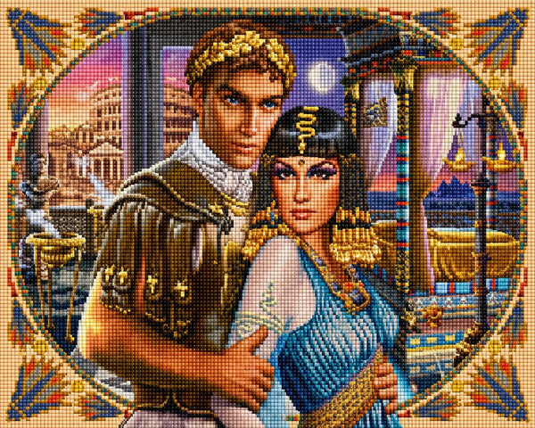 Diamond Painting eines antiken Paares in prächtigen Gewändern vor einer römischen und ägyptischen Kulisse.  Mockup.