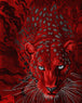 Diamond Painting eines Leopardenkopfs in intensivem Rot mit hellen, leuchtenden Augen vor dunklem Grund. Mockup.
