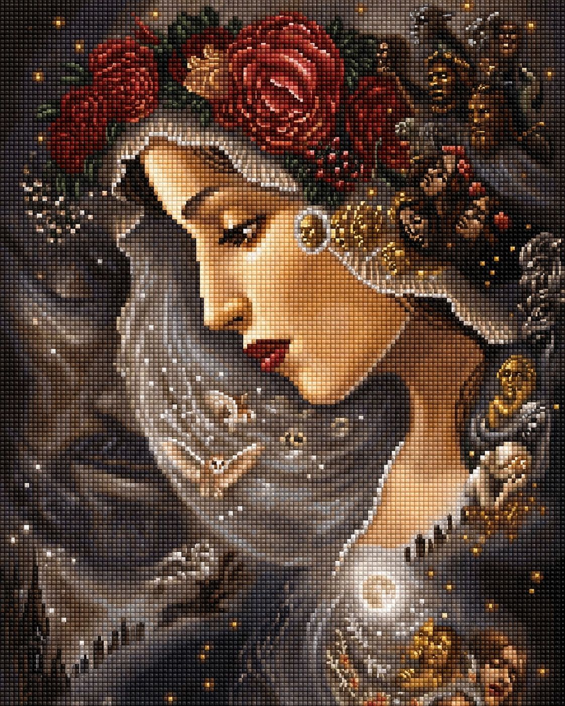 Diamond Painting einer Frau im Profil mit einem Blumenkranz, umgeben von goldenen Masken und Eulen. Mockup.