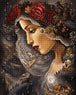Diamond Painting einer Frau im Profil mit einem Blumenkranz, umgeben von goldenen Masken und Eulen. Mockup.
