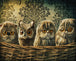 Diamond Painting von drei grauen Katzen und einer Eule, die zusammen aus einem Weidenkorb schauen. Mockup.