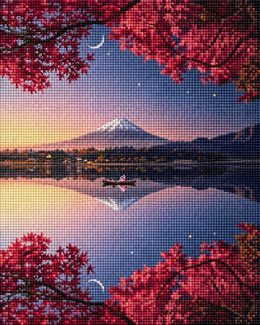 Diamond Painting mit Fuji, rotem Ahorn, Bergsee und Spiegelung in japanischer Landschaft. Mockup.