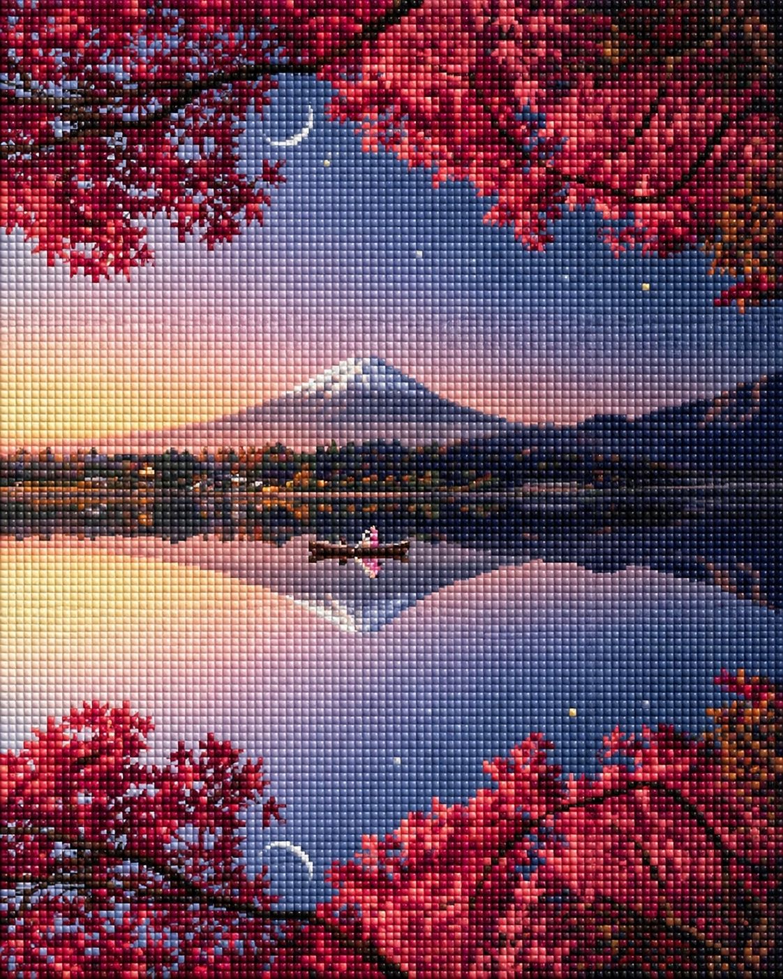 Diamond Painting mit Fuji, rotem Ahorn, Bergsee und Spiegelung in japanischer Landschaft. Mockup.