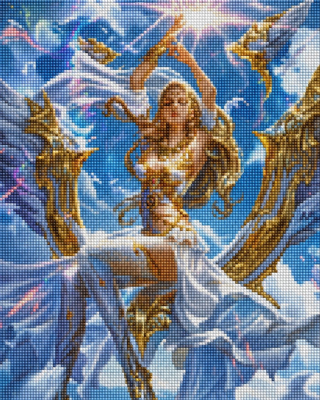 Diamond Painting mit einer Engelskönigin auf Flügelthron vor Wolken und strahlendem Himmel. Mockup.