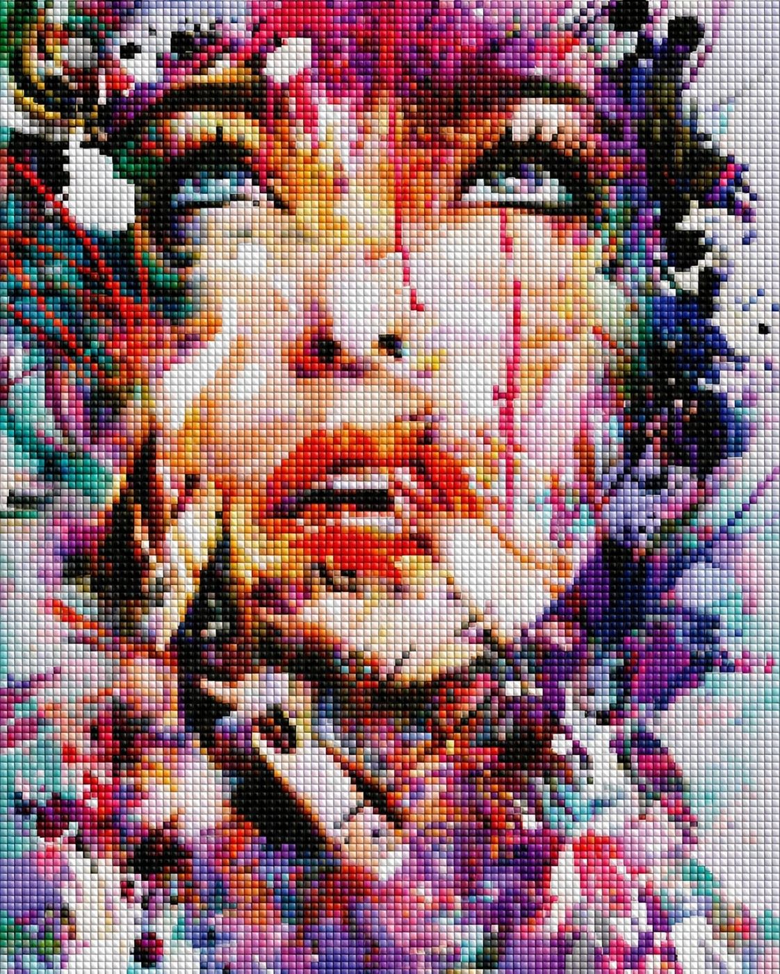 Diamond Painting mit abstraktem Frauenportrait im farbintensiven Splash-Art-Stil. Mockup.