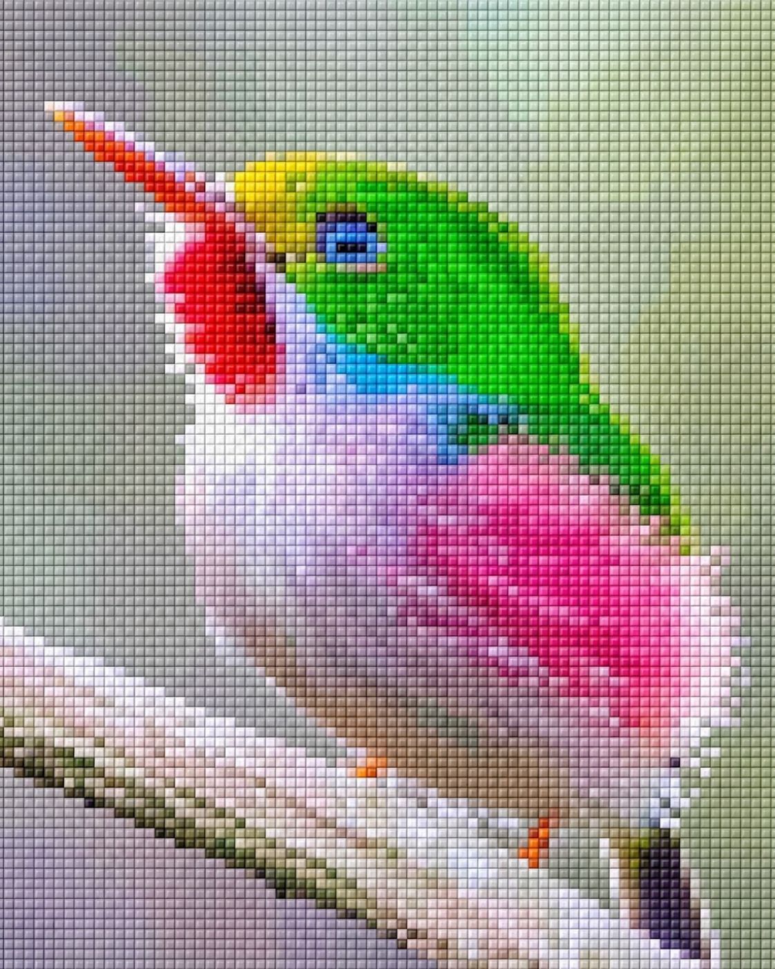 Diamond Painting mit farbenprächtigem exotischem Vogel auf einem Ast im fotorealistischen Stil. Mockup.