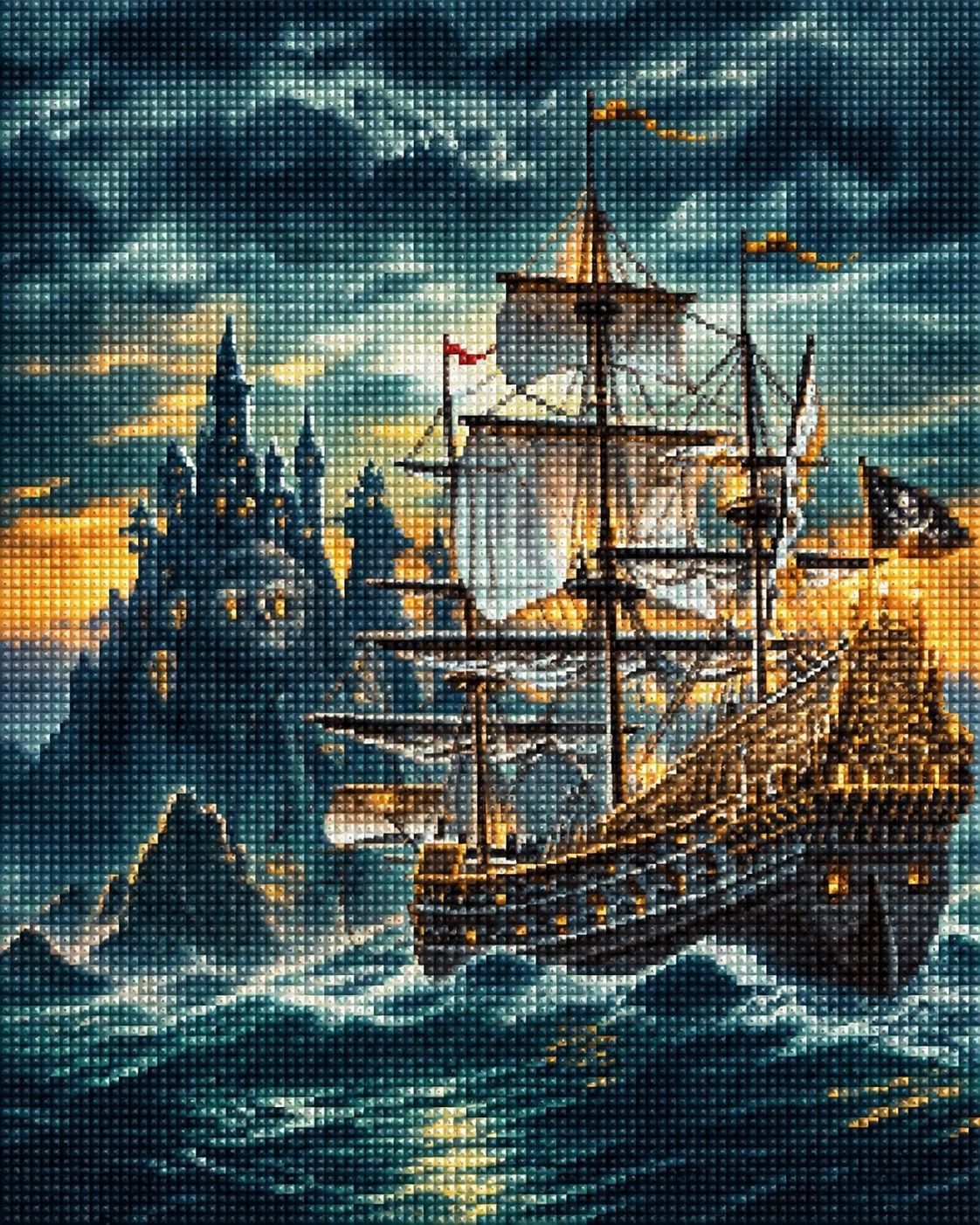 Diamond Painting eines historischen Segelschiffs bei Gewitter vor einer Insel in Form eines Totenkopfes. Mocup.