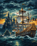 Diamond Painting eines historischen Segelschiffs bei Gewitter vor einer Insel in Form eines Totenkopfes. Mocup.