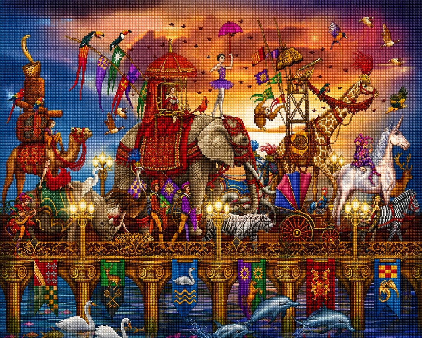 Diamond Painting einer bunten Zirkusparade mit Tieren, die über eine verzierte Brücke marschieren. Mockup.