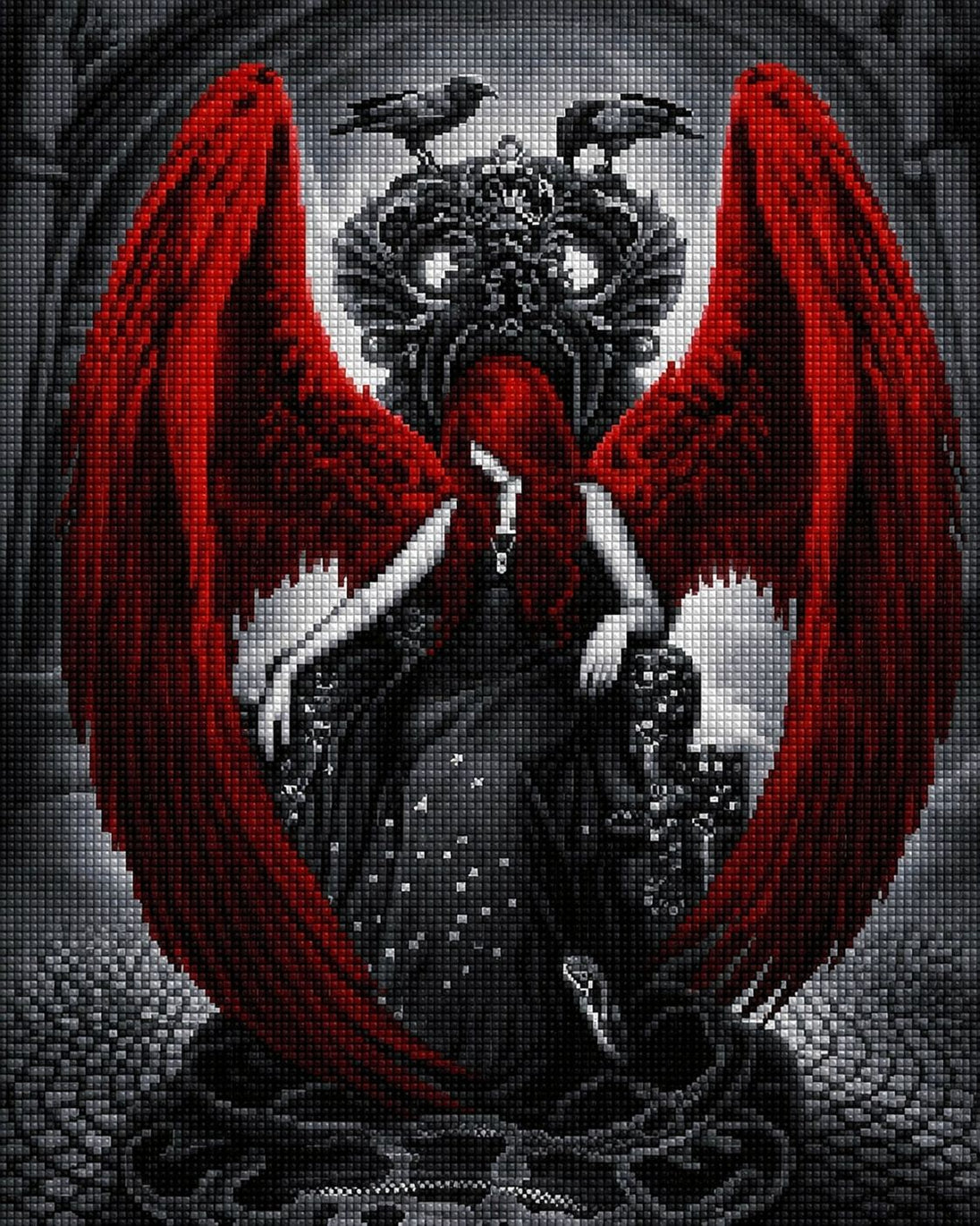 Diamond Painting einer Frau auf einem Thron mit riesigen roten Flügeln und Raben in dunkler Umgebung. Mockup.