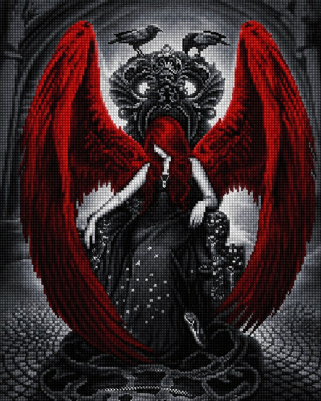 Diamond Painting einer Frau auf einem Thron mit riesigen roten Flügeln und Raben in dunkler Umgebung. Mockup.