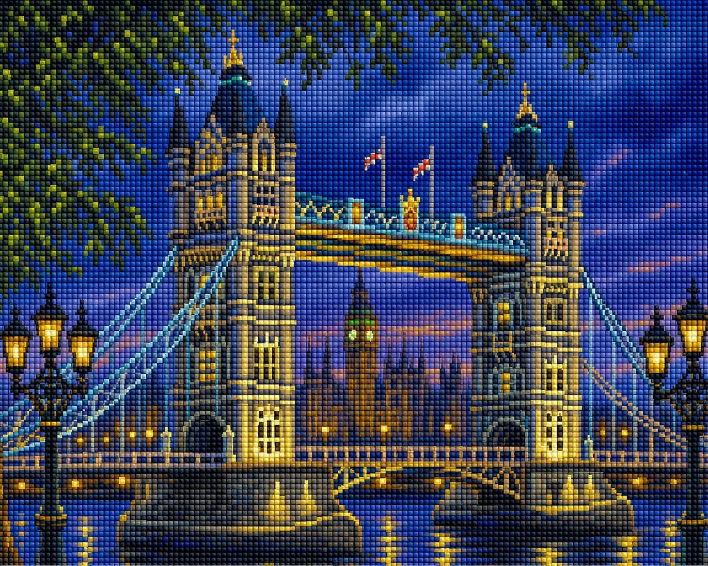 Diamond Painting der beleuchteten Tower Bridge in London bei Nacht mit Spiegelungen auf der Themse. Mockup.