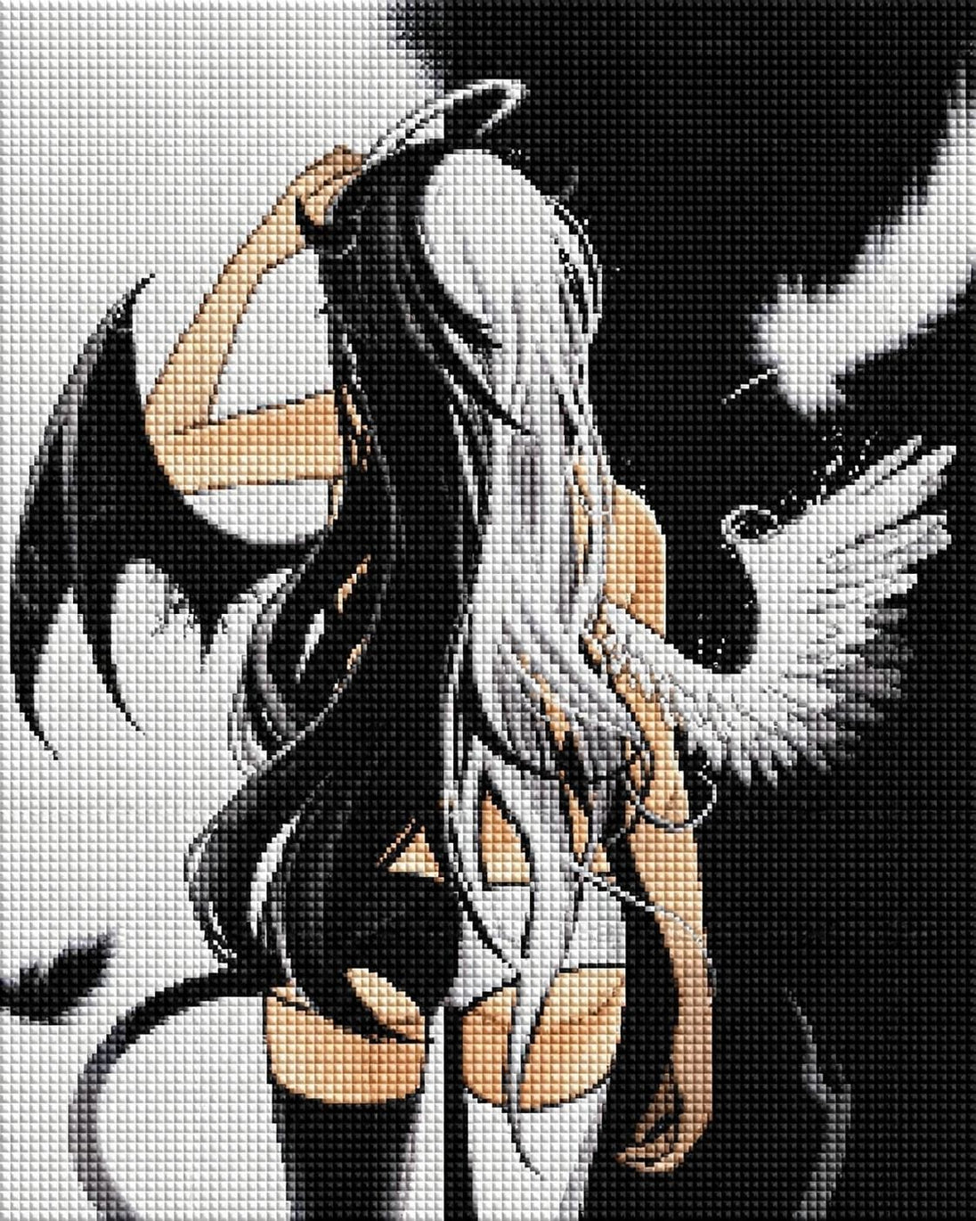 Diamond Painting eines Mädchens mit halb schwarzen und halb weißen Haaren sowie Engels- und Teufelsflügeln. Mockup.
