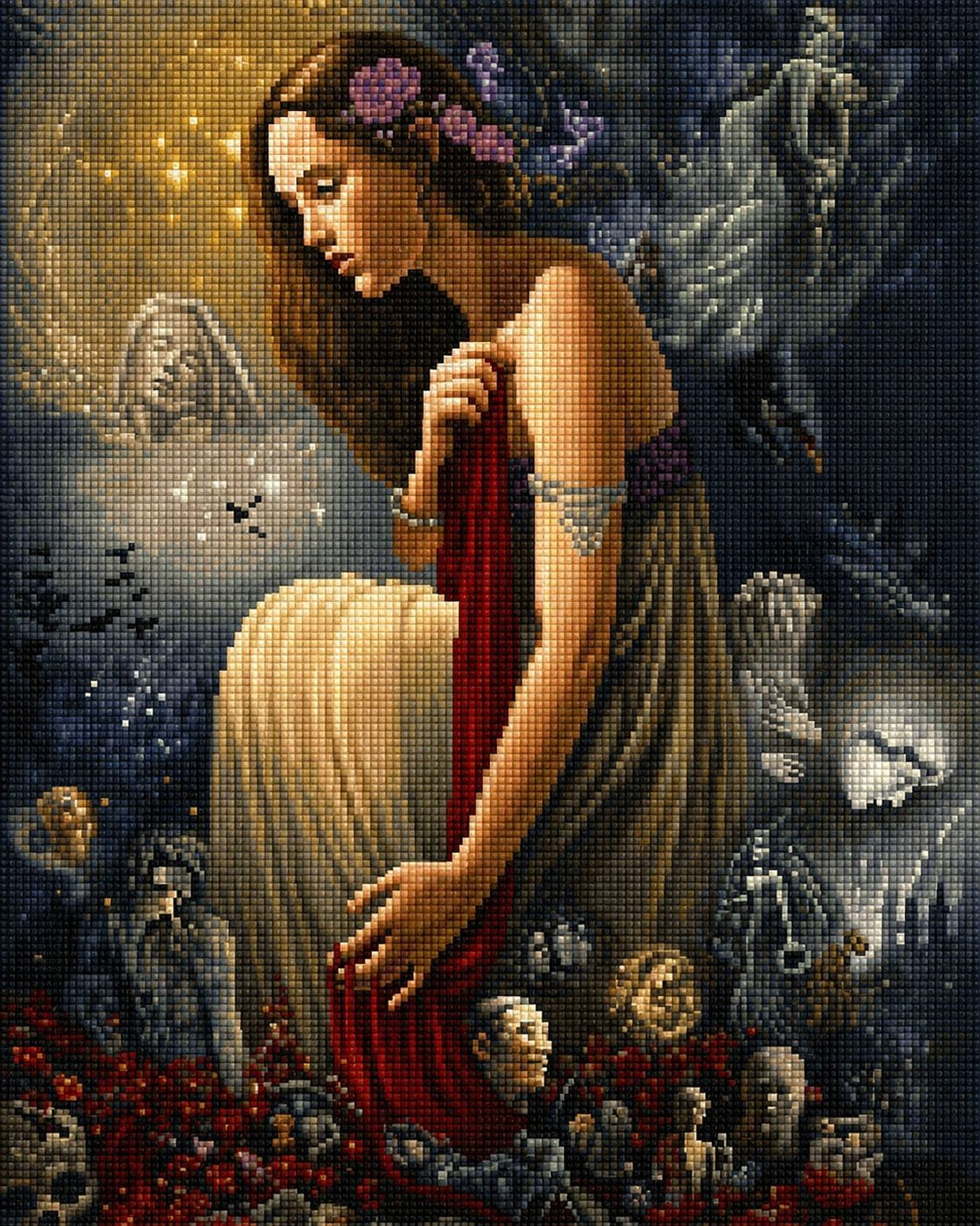 Diamond Painting mit nachdenklicher Frau in mystischer Fantasy-Landschaft mit symbolischen Figuren und dunkler Atmosphäre. Mockup.