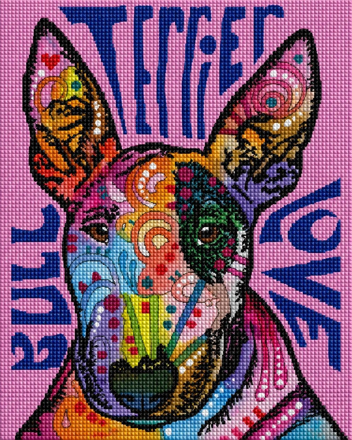 Diamond Painting mit buntem Terrier im Pop-Art-Stil auf violettem Hintergrund. Mockup.