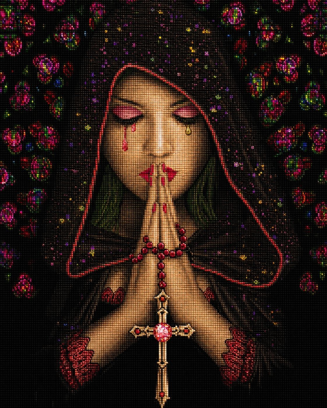 Diamond Painting einer betenden Frau mit Kapuze, Rosenkranz und Kreuz vor dunklem Hintergrund. Mockup.