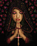 Diamond Painting einer betenden Frau mit Kapuze, Rosenkranz und Kreuz vor dunklem Hintergrund. Mockup.