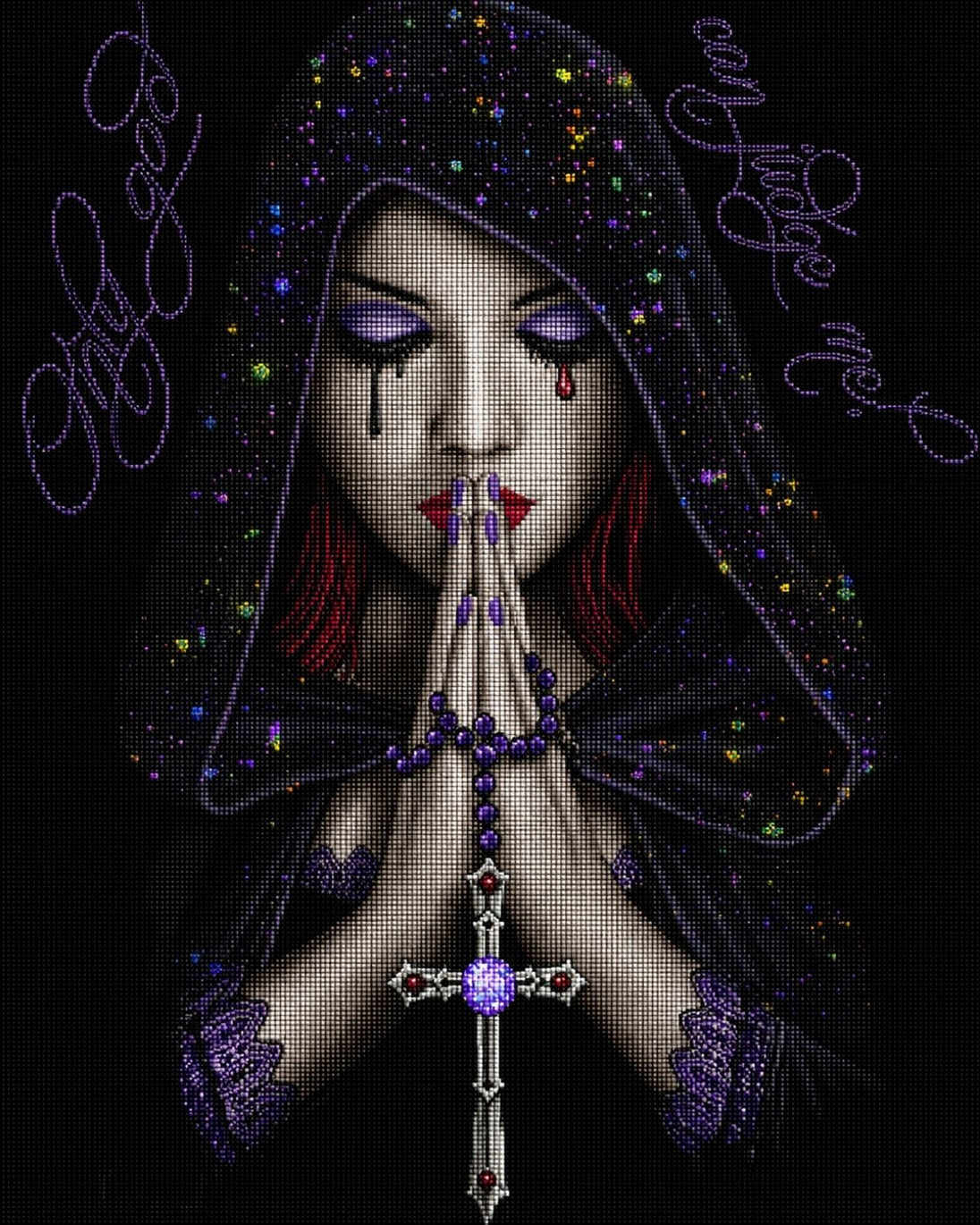 Diamond Painting einer betenden Frau mit schwarzer Kapuze, violettem Rosenkranz und Kreuz. Mockup.