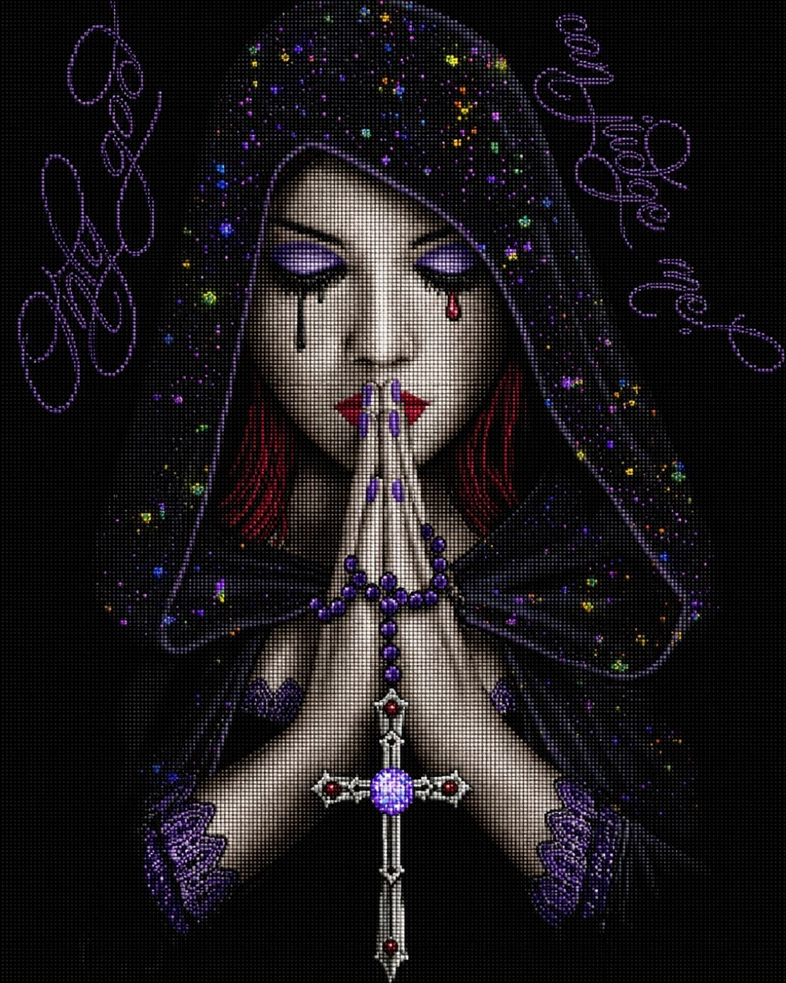 Diamond Painting einer betenden Frau mit schwarzer Kapuze, violettem Rosenkranz und Kreuz. Mockup.