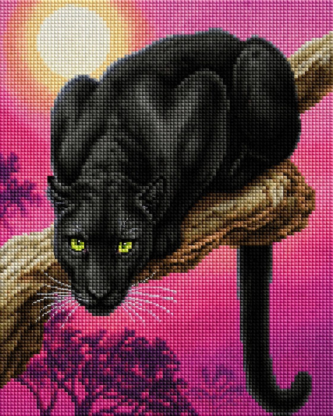 Diamond Painting eines schwarzen Panthers auf einem Baumast vor einem leuchtend pinken Waldhintergrund. Mockup.
