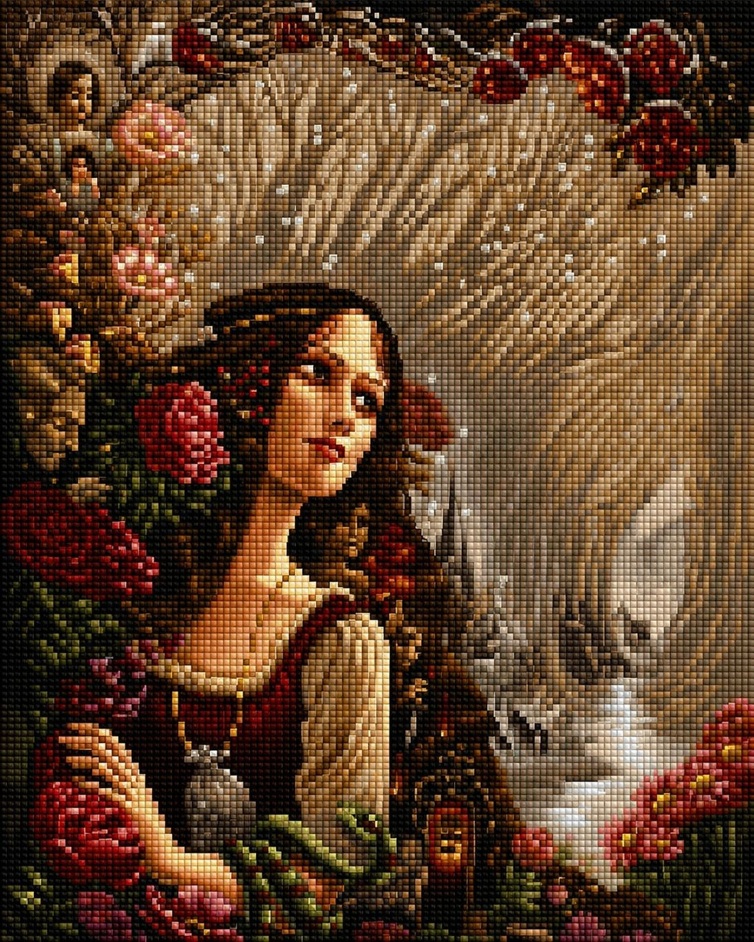 Diamond Painting einer Frau im Profil, deren langes Haar mit Rosen und vielen kleinen Gesichtern verflochten ist. Mockup.
