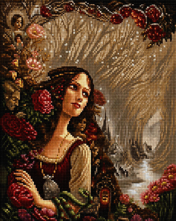 Diamond Painting einer Frau im Profil, deren langes Haar mit Rosen und vielen kleinen Gesichtern verflochten ist. Mockup.