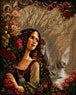 Diamond Painting einer Frau im Profil, deren langes Haar mit Rosen und vielen kleinen Gesichtern verflochten ist. Mockup.